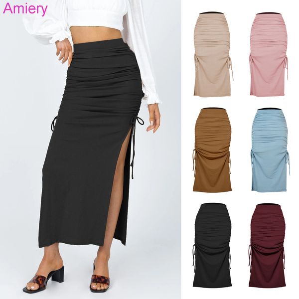 

womens split knitted slim skirt fashion pleated lace up hip long skirts autumn and spring clothes 6 colors, Black