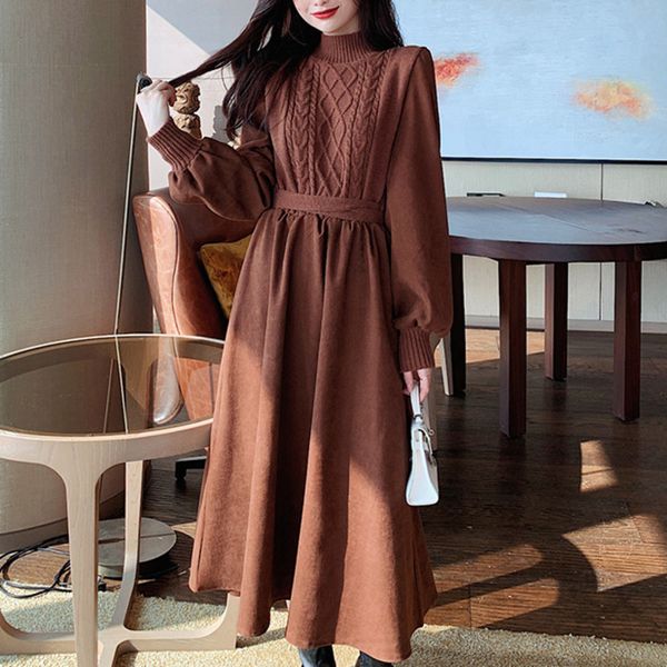 

2021 new spring korean sweater for women patchwork knitted vestidos lace up slim big swing robe elegant long whsh, Black;gray