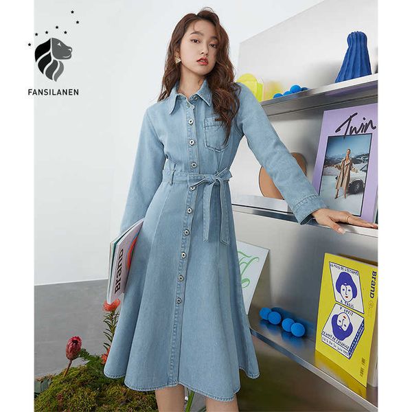 Fansilanen casual plissado denim camisa vestido mulheres manga longa elegante algodão jeans feminino cinto azul primavera 210607