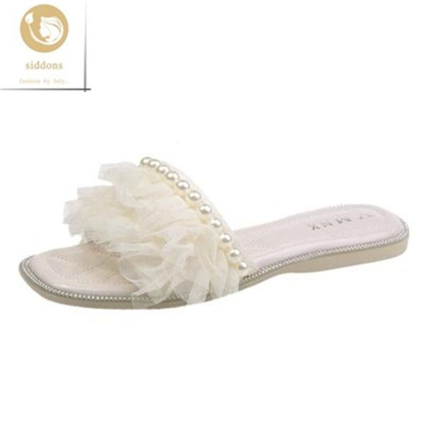 

slippers women 2021 summer korean version of pearl lace one-line flat open-toed sandals and, Black
