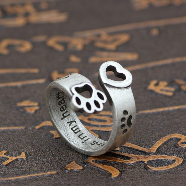 

hollow out dog palm love ring adjustable english letter accessories, Silver