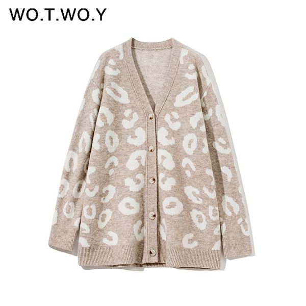 

wotwoy autumn winter v-neck knitted cardigans women single breasted printed loose sweaters female casual cardigans soft knitwear 210917, White;black