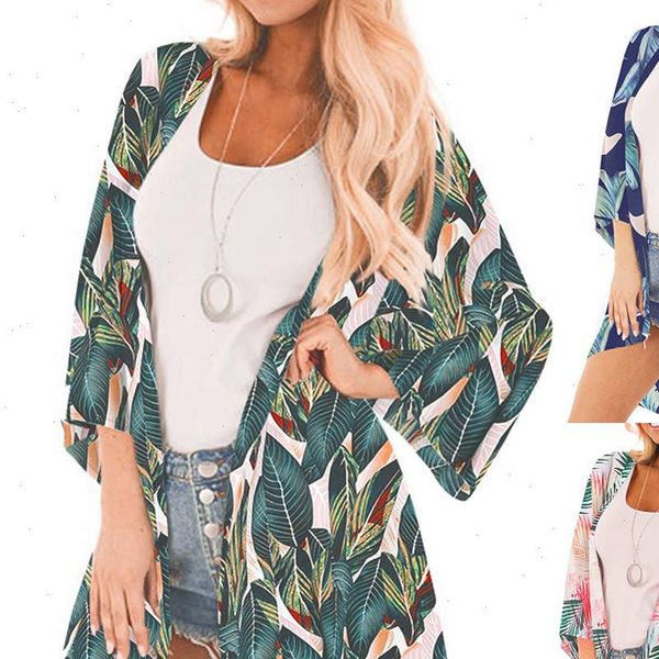 

boho womens chiffon blouses 2021 print sandy beach cardigan smock easy femme holiday coat summer spring clothes 729, White