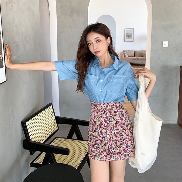 

women's blouses & shirts large size retro hong kong-flavored blue shirt female imitation denim temperament goddess fan short-sleeved su, White