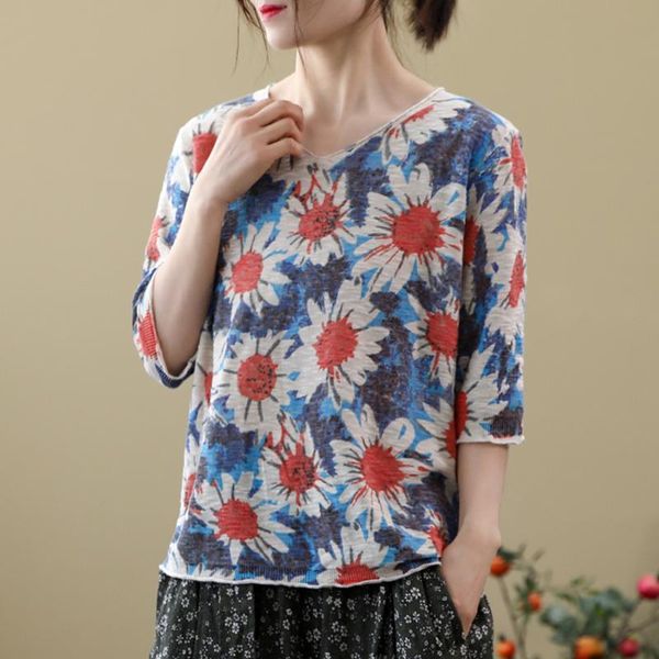 

women's t-shirt fairynatural female summer knitted retro t-shirts flowers loose 2021 casual women clothes v-neck half sleeve, White