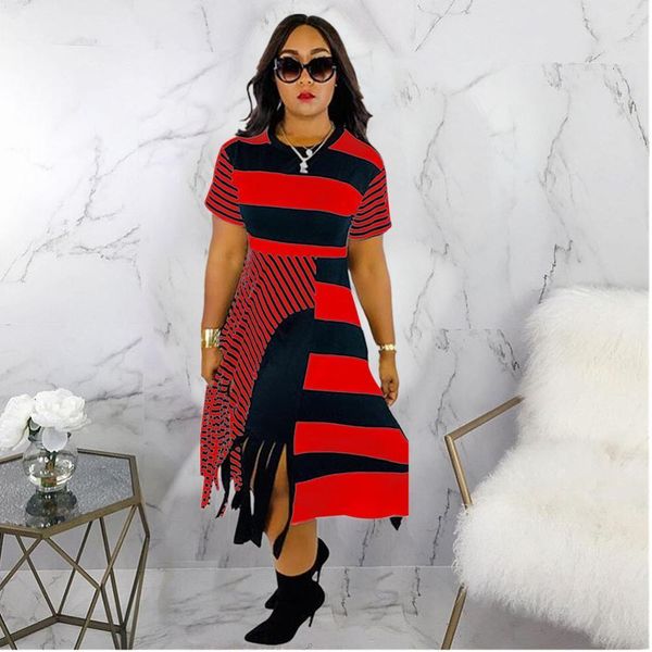

2021 new plus size africa fashion striped design lady slim short sleeve summer high waist tassel a-line vqwk, Black;gray