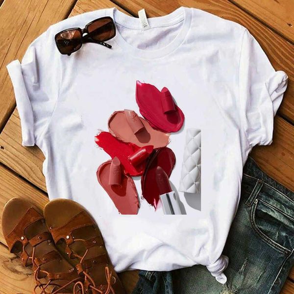 

women's t-shirt camiseta tacones harajuku short-sleeved tshirt lip lipstick high heels cartoon summer t shirt feminina, White