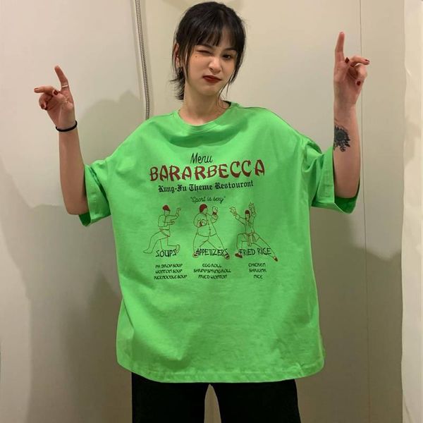 

women's t-shirt harajuku figure po 2021 korean-style back hollow out charade printed letter loose-fit short-sleeved round collar, White