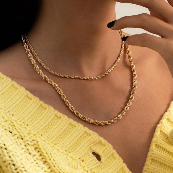 

chains fashion twisted rope link necklace for women men gold color hip hop chunky wide thin chain boho jewelry gifts, Silver