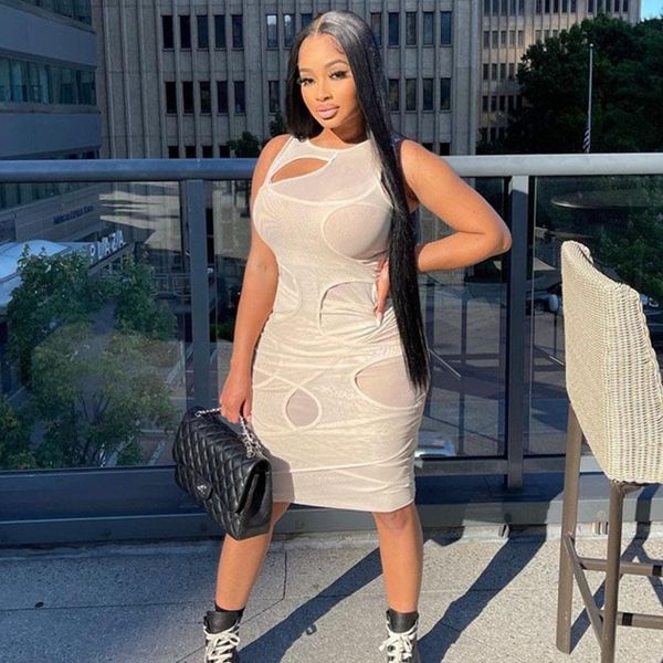 

casual dresses sheer mesh bodycon dress for women summer sleeveless o neck hollow out knee-length midi elegant club party, Black;gray