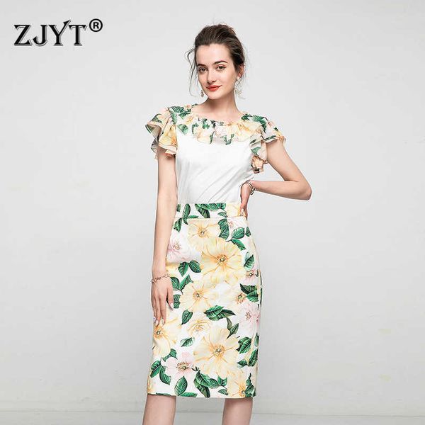 

summer runway fashion women's two piece outfits ruffles floral print patchwork t shirt and skirt suit sets 210601, White
