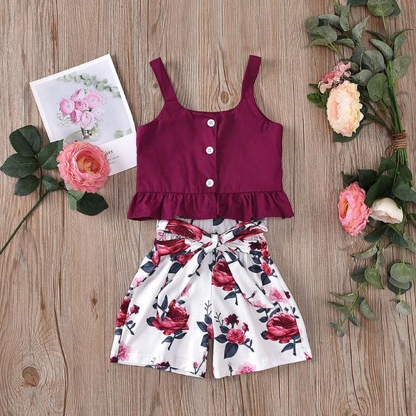 

clothing sets 6month-4years tender summer rose baby kids girls sleeveless strap tank +flower print shorts clothes set girl m4, White