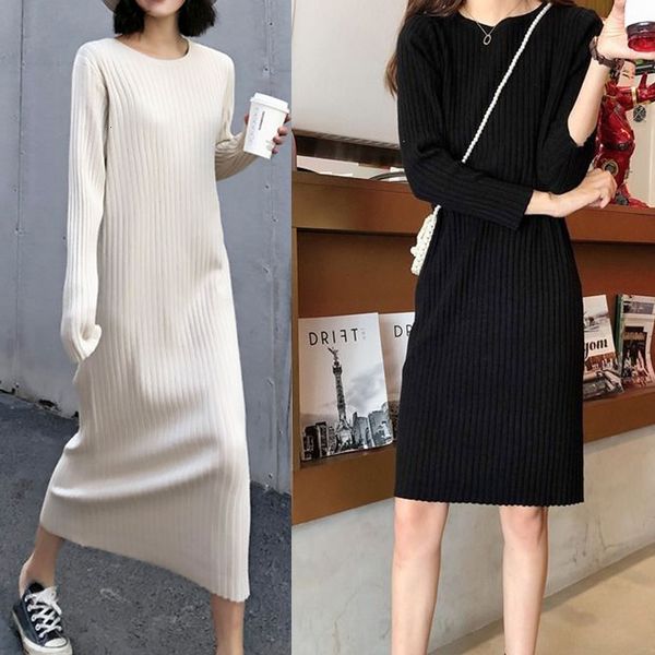 

2021 new women's casual o neck long sleeve mid length knitted dress autumn female black loose warm sweater dresses vestidos 1399, Black;gray