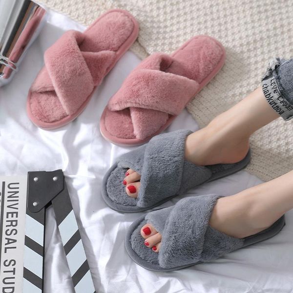 

slippers fashion household plush warm cotton for women indoor leisure and comfortable soft-soled, Black