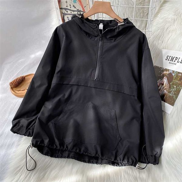 

spring clothes lazy style women's black half zipper hooded sportswear 211109
