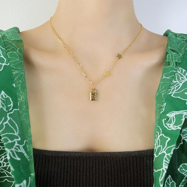 

chains cyue fashion gold stainless steel necklace chain five-pointed star stitching lock pendant charm for girl women jewelry, Silver