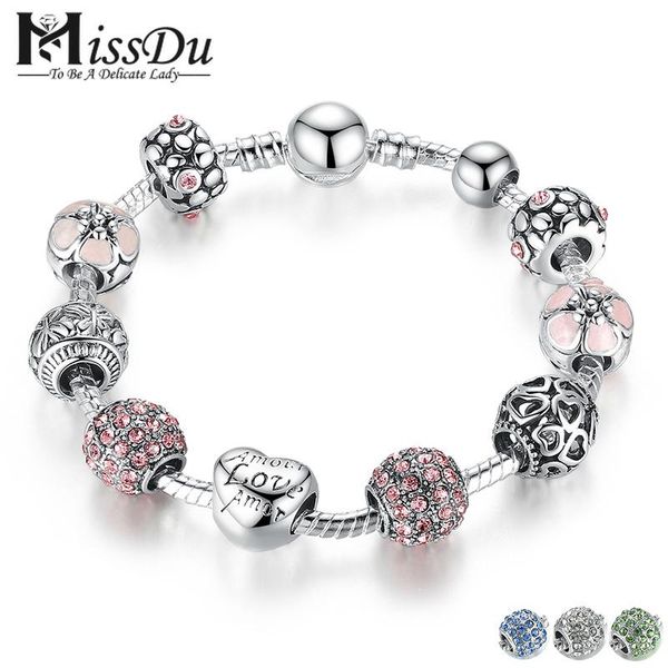

charm bracelets missdu antique silver bracelet & bangle with love and flower beads women wedding jewelry 4 colors 18cm 20cm 21cm pa1455, Golden;silver