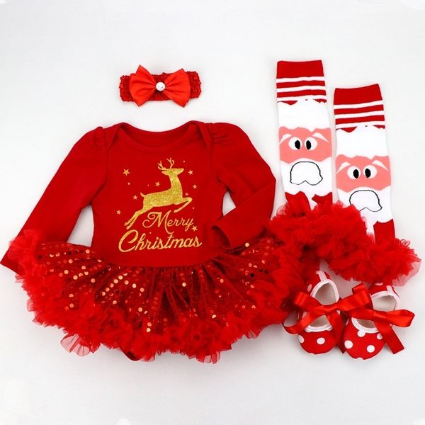 Set di abbigliamento per bambini Ragazze Abiti per cervi più carini Vestiti per boutique di Natale per bambini Vestito rosso tutu bling-bling 4 pezzi con fascia 210315