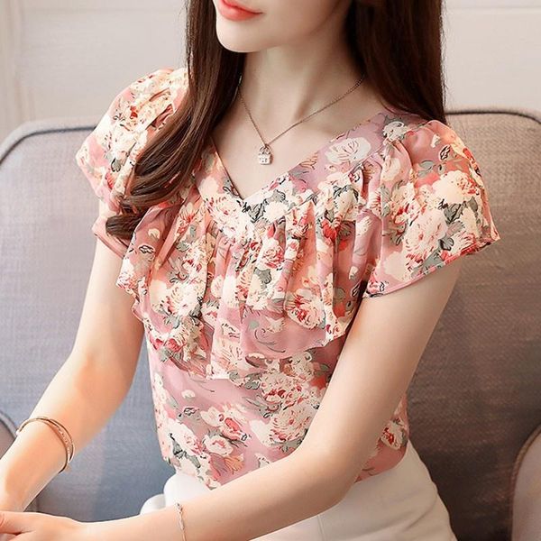 

women's blouses & shirts 2021 fashion summer women plus size floral ladies short sleeve chiffon blusas feminina ruffled blouse mujer, White