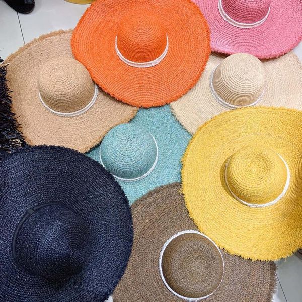 

2021 new round raffia for women wide brim summer white ribbon band sun ladies beach hats kuntucky derby hat 5fva, Blue;gray
