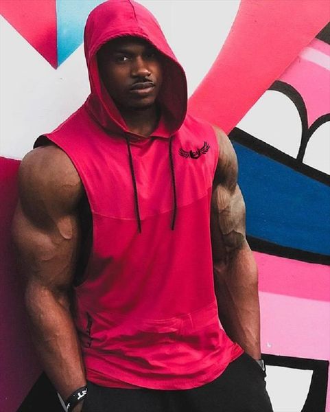 

spring sports vest mens european and american hedging sleeveless hooded jacket outdoor running fitness clothes, White;black