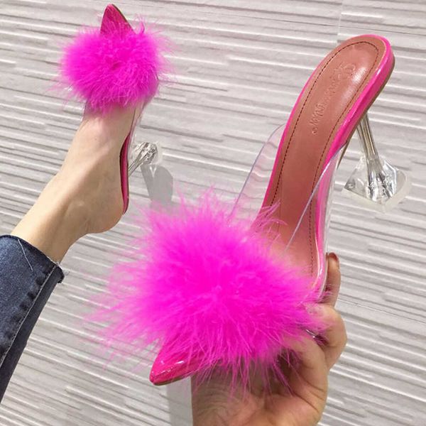 2021 Yaz Kadın Pompaları PVC Şeffaf Tüy Perspeks Kristal Yüksek Topuklu Ayakkabılar Kürk Peep Toe Mules Sandalet Bayanlar Slaytlar Ayakkabı