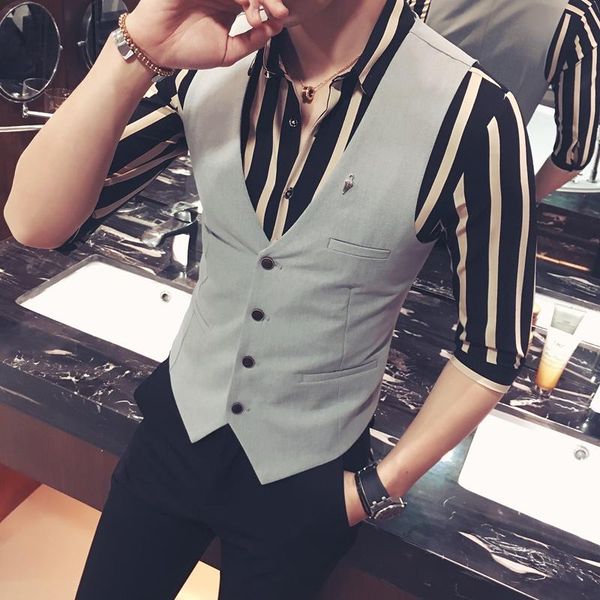 

men's vests high-quality formal business suit men fashion casual sleeveless wedding dress black gray classic plus size waistcoat, Black;white