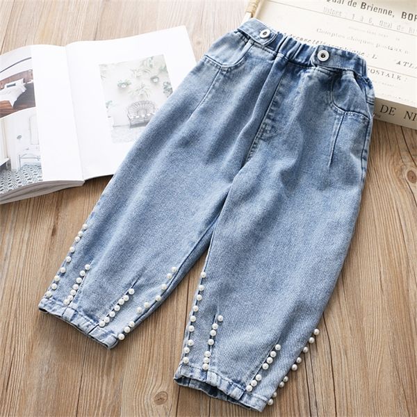 Babyinstar Nuovo arrivo Blue Jeans per bambini Perla Design Bambini Moda stile Denim Pantaloni Toddler Girls Pantaloni larghi 210303