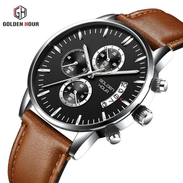 

wristwatches goldenhour wristwatch mens leather army water resistant reloj hombre casual date quartz fashion clock men watch drop, Slivery;brown