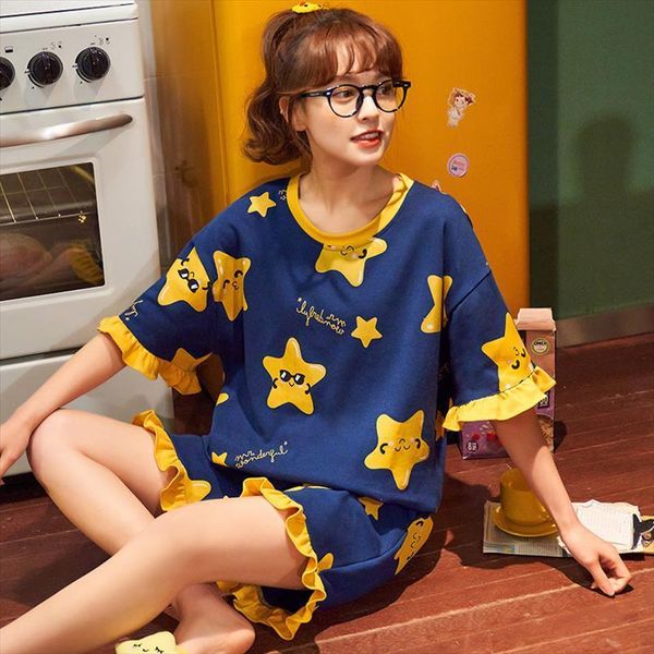 

bzel blue stars cotton pajamas womens sleepwears set sweet girls shorts home suit soft comfort pijamas cute pyjamas  3xl, Black;red