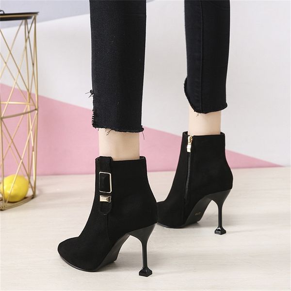 

new products in autumn 2020 women's boots belt buckle high heels women's pointed motorcycle boots, Black