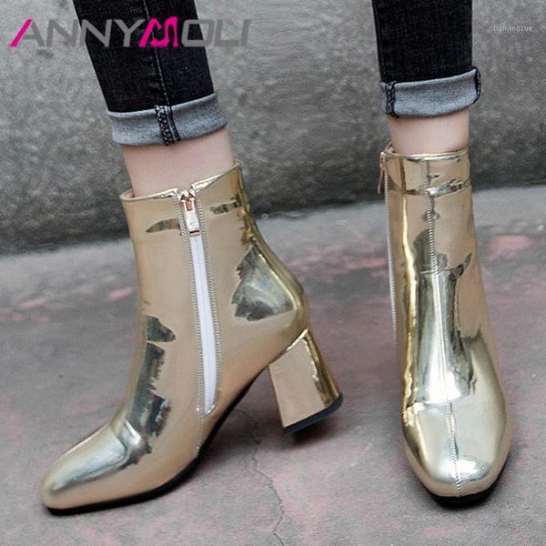 

boots annymoli high heel short women shoes square toe block heels zipper lady ankle winter female footwear silver size 431, Black