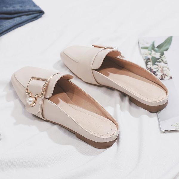 

slippers 2021 summer women flip flops pearl metal decoration pu leather square toe slides ladies comfort non-slip mules shoes, Black