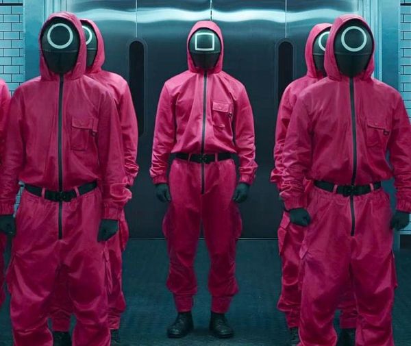 

gym clothing villain red jumpsuit cosplay costume halloween party round with face, White;black