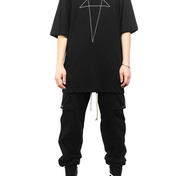 

fashion outlet 21ss owens grey dark ro 5-point 5-star geometric embroidery 5-sleeve loose t-shirt men's rick style qarc, White;black