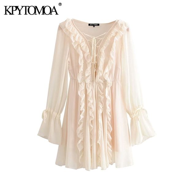 

vintage stylish ruffles chiffon mini dress women fashion v neck long sleeve drawstring beach female dresses vestidos mujer 210316, Black;gray