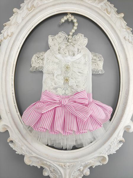

handmade dog apparel clothes pet dress gentlewoman lady style white shirt skirt lace collar sleeves cat costume poodle