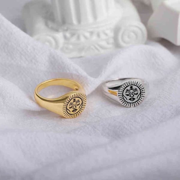 

band aesthetic rings for women vintage stainless steel sun face punk couple ring fashion exaggeration jewelry gothic accessories, Silver
