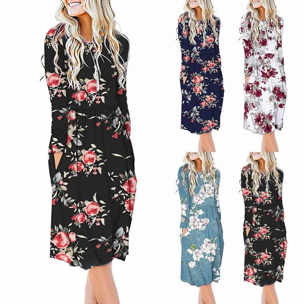 

casual dresses floral print pocket dress women o neck long sleeve knee length loose pullover boho midi vestido 40#, Black;gray