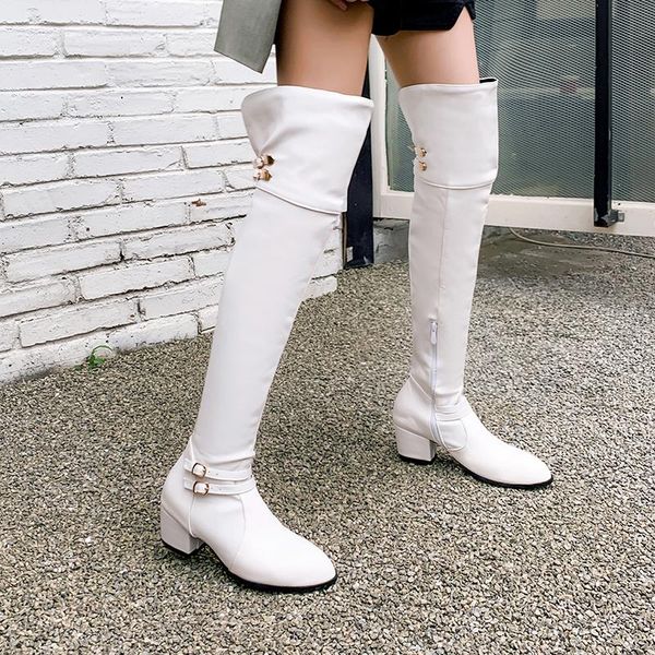 

boots street style pointed toe over knee high zipper rivets buckle black white apricot high-heeled women's riding