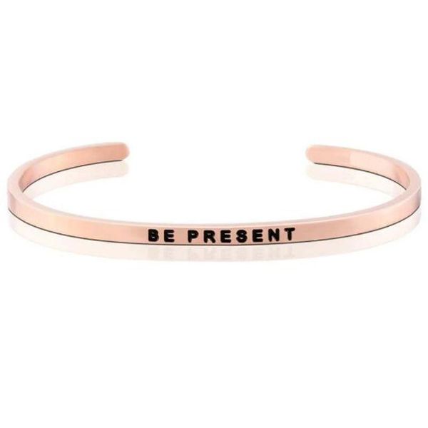 

bangle 4mm be present rose gold 2021 trend quotes mantra bracelets 316l stainless steel open cuff inspirational jewelry, Black