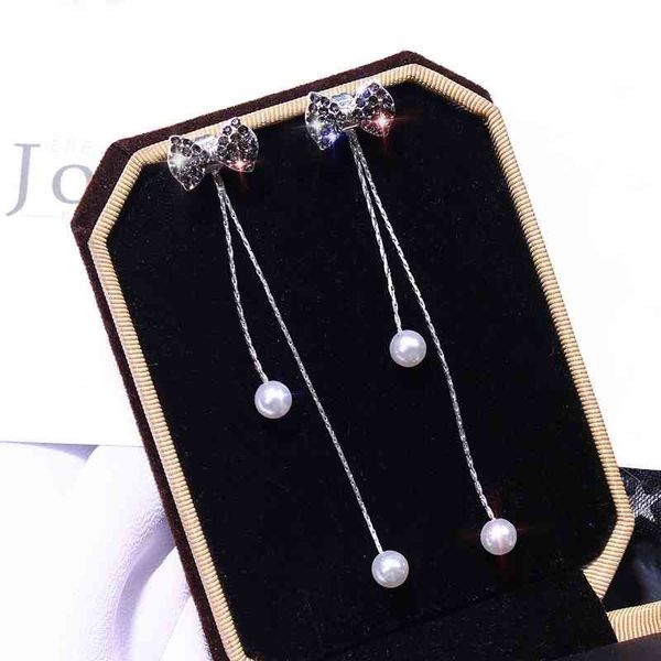 

personalized bow long pearl feminine temperament, thin earrings, korean 925 silver new, Black