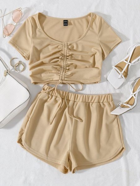 

drawstring ruched tee & track shorts set e7bn#, White