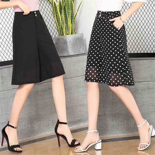 

women elegant chiffon shorts skirt summer knee length pleated skirts s dots vintage office soft midi 210724, White;black