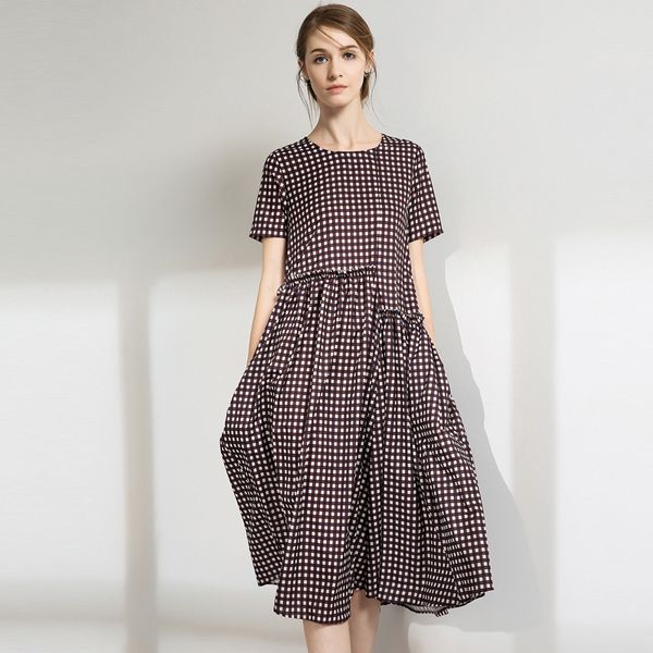

2021 new summer lace plaid country style short sleeve knee-length women casual picnic es 9d9s, Black;gray