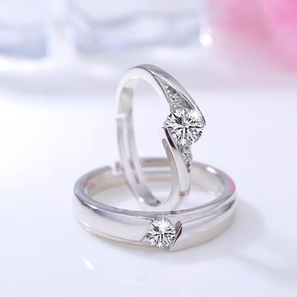 

cluster rings 1 pair = 2pcs s925 silver zircon resizable couple ring classic sterling engagement fashion jewelry valentine gift, Golden;silver