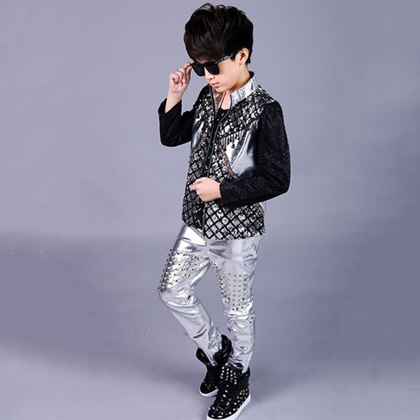 

2021 new jazz costumes boys silver fashion sequined jacket children stage outfit hiphop kids street dance clothes children wear, Black;red