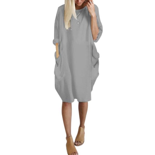 

casual dresses women autumn cotton solid color o-neck dress loose waist long sleeves pockets straigh female euramerican style, Black;gray