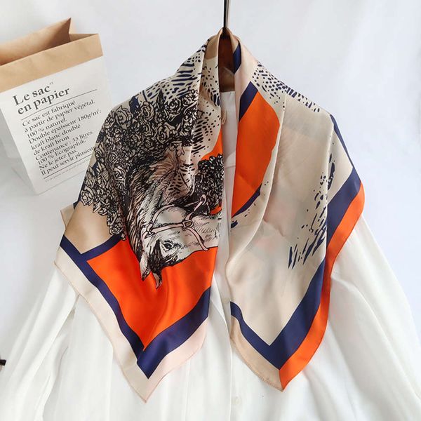 

designer large square 2021 new 90cm silk satin printed scarf shawl sunscreen beach towel, Blue;black