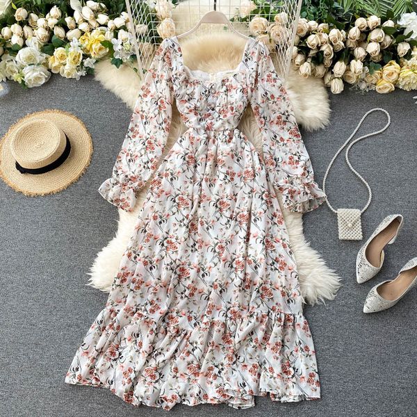 

2021 fashion women vintage spring autumn long sleeve square collar floral printed boho es ladies elegant beach long robe c02c, Black;gray
